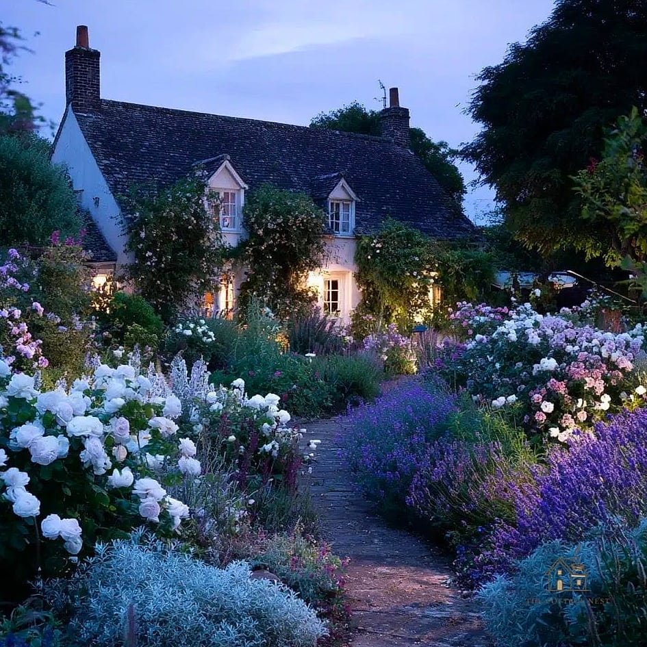 35 Brilliant Cottage Garden Ideas to Copy Right Now 28 Use Layered Lighting for Evening Charm