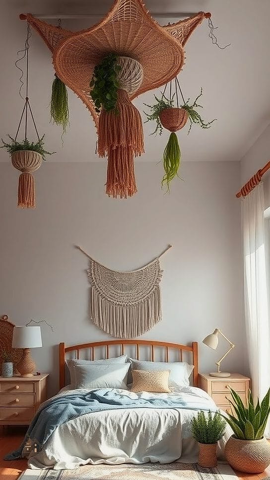 45 Dreamy Boho Bedroom Ideas That Feel Like a Retreat 14 Use a Woven Pendant Light Fixture