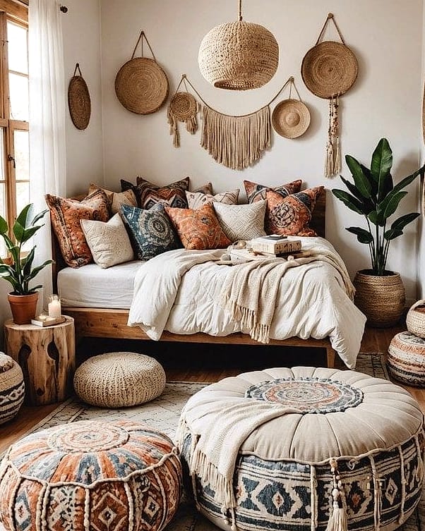 45 Dreamy Boho Bedroom Ideas That Feel Like a Retreat 44 Use Woven Pouf Ottomans as Extra Seating