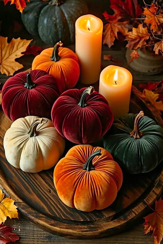 30 Dreamy Fall Tray Decorating Ideas to Try This Season 24 Velvet Pumpkin Display