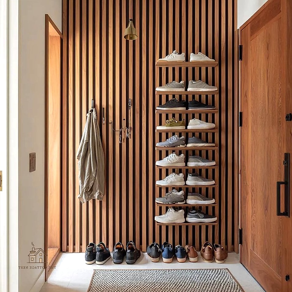 40 Amazing Small Entryway Shoe Storage Ideas on a Budget 23 Vertical Slat Wall Shoe Rack