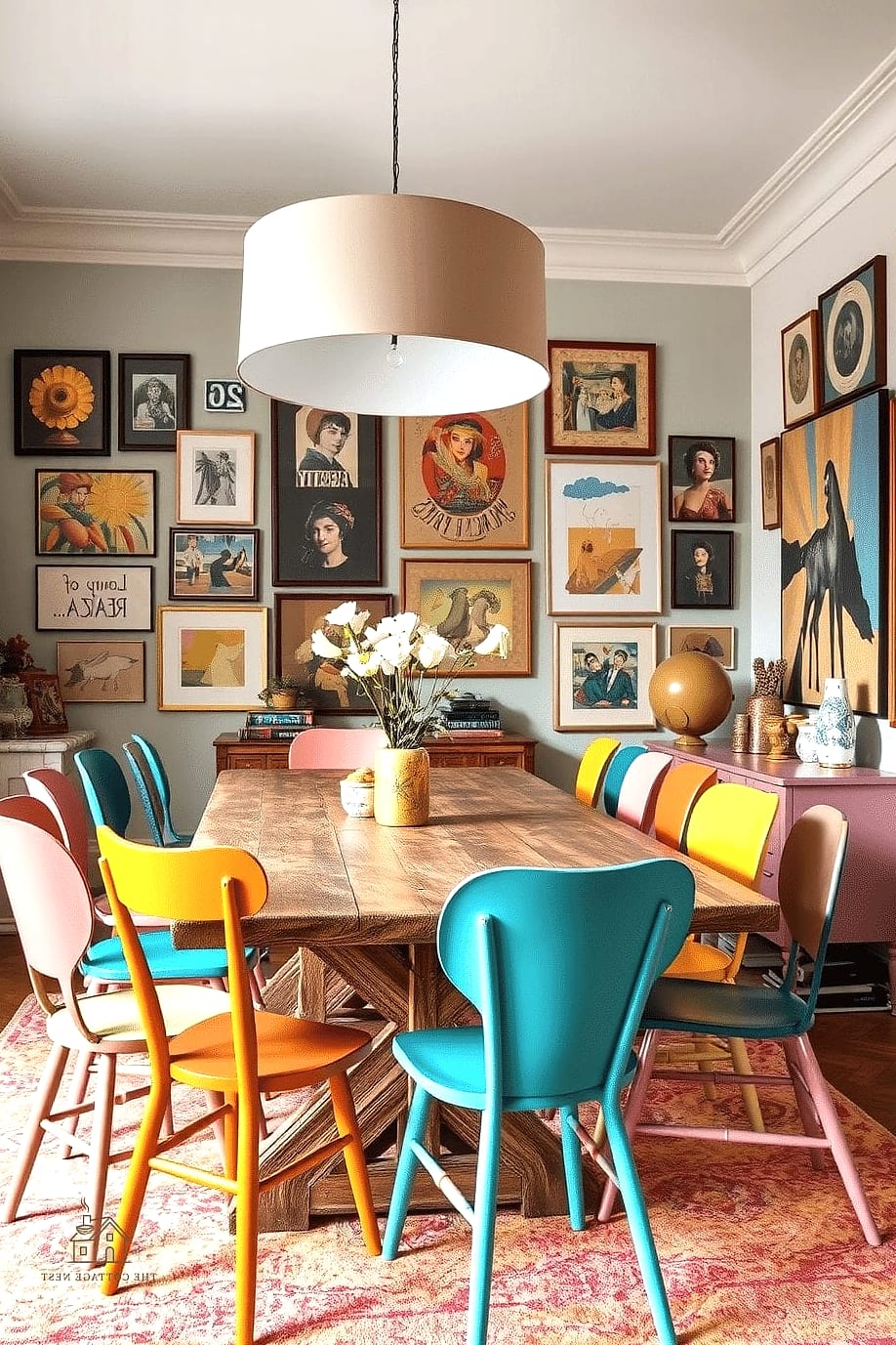 30 Clever Eclectic Dining Room Ideas for Every Style 30 Vintage Artwork Leaning on a Sideboard