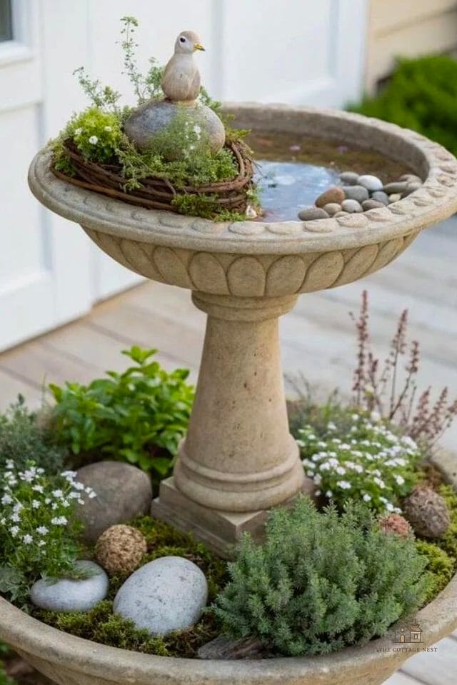 15 Chic Garden Decor Ideas for a Beautiful Home 8 A Vintage Birdbath or Fountain Feature