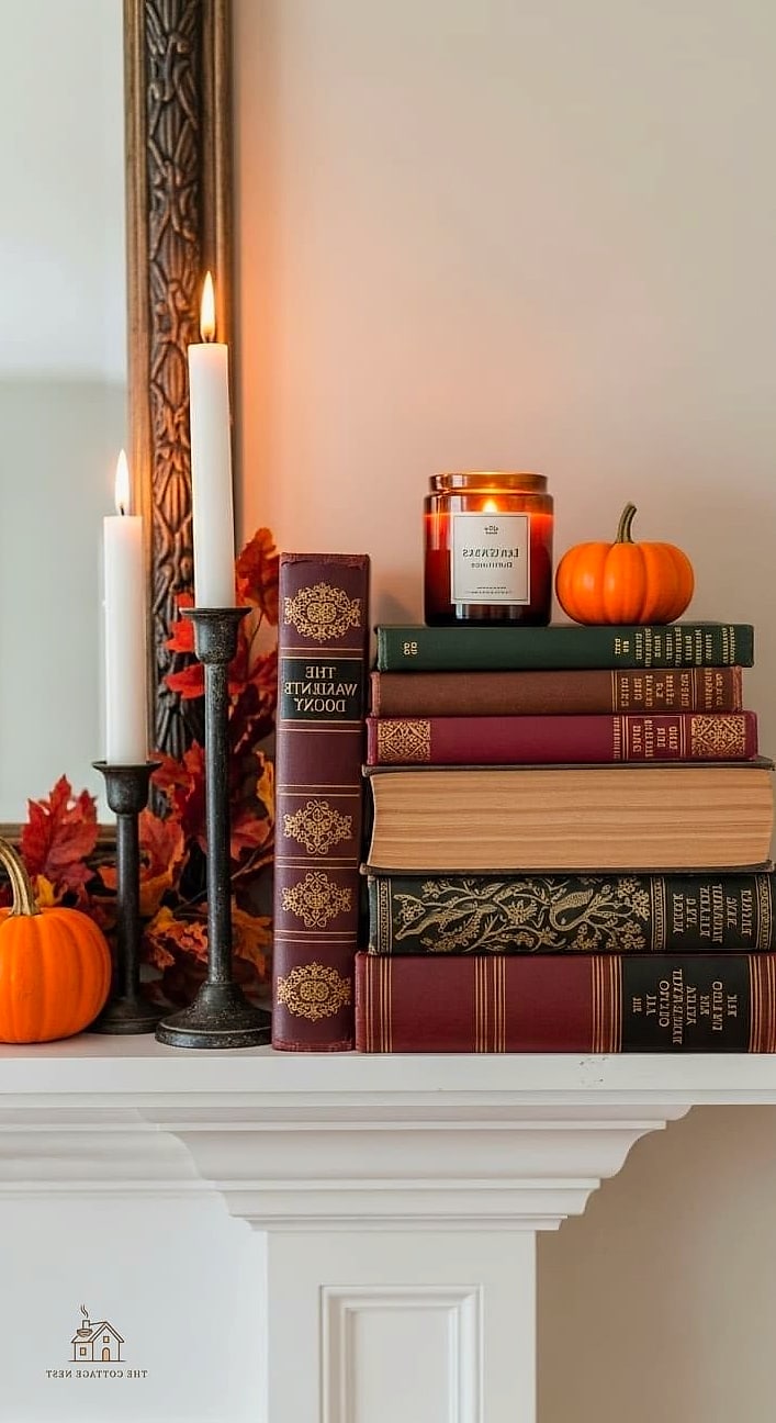 50 Amazing Fall Mantle Decor on a Budget 30 Vintage Books Tied with Twine and Sprigs