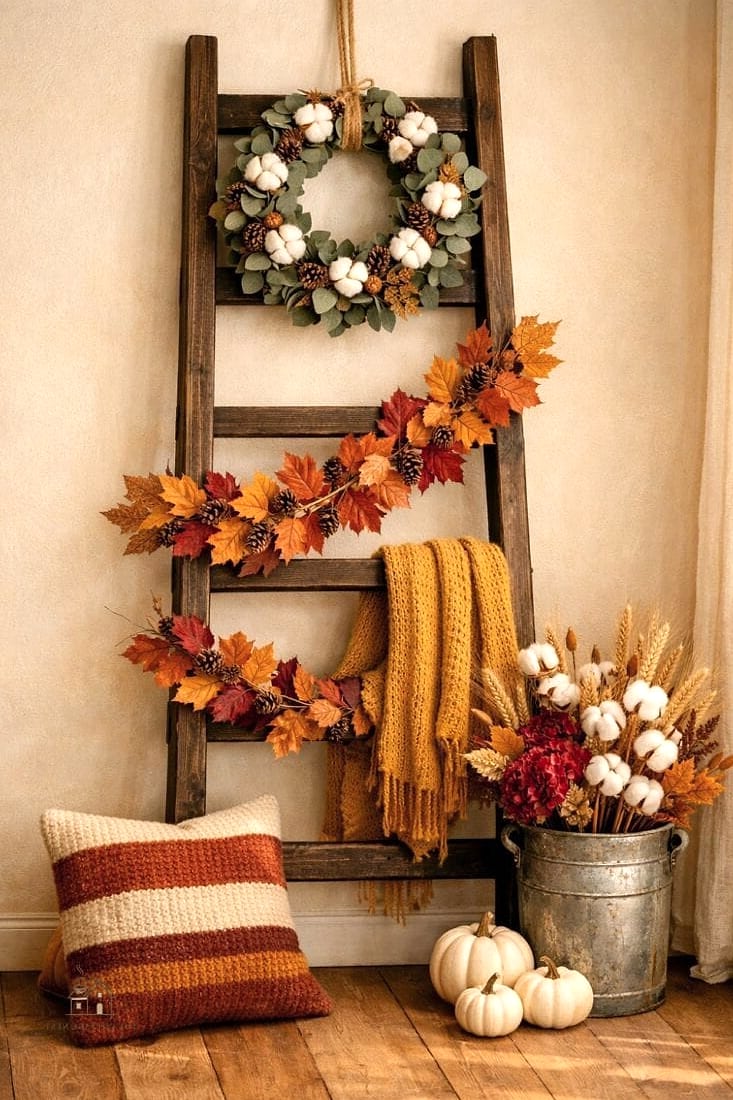 30 Dreamy Farmhouse Fall Decor Ideas to Try This Season 7 Vintage Ladder Leaning Decor