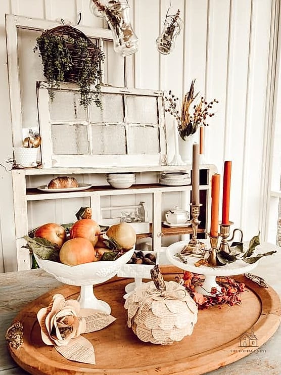 35 Beautiful Fall Table Centerpiece Ideas to Wow Your Guests 28 Vintage Milk Glass with Mixed Mums