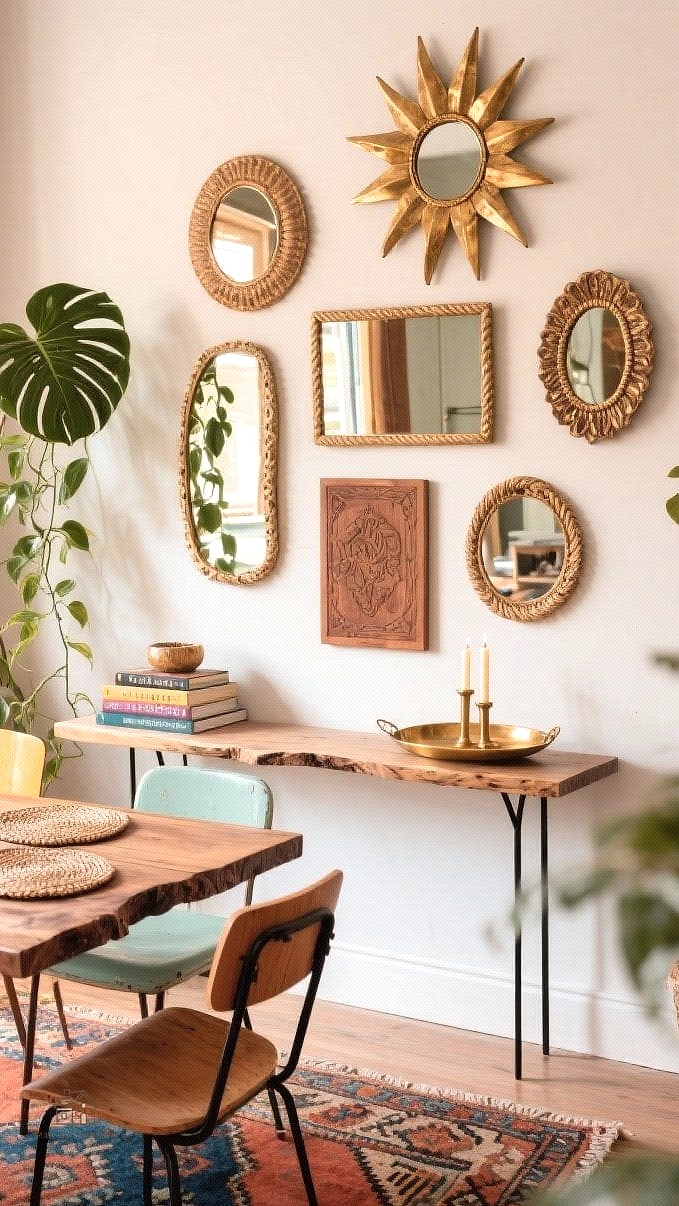 30 Clever Eclectic Dining Room Ideas for Every Style 20 Vintage Mirror as a Statement Piece