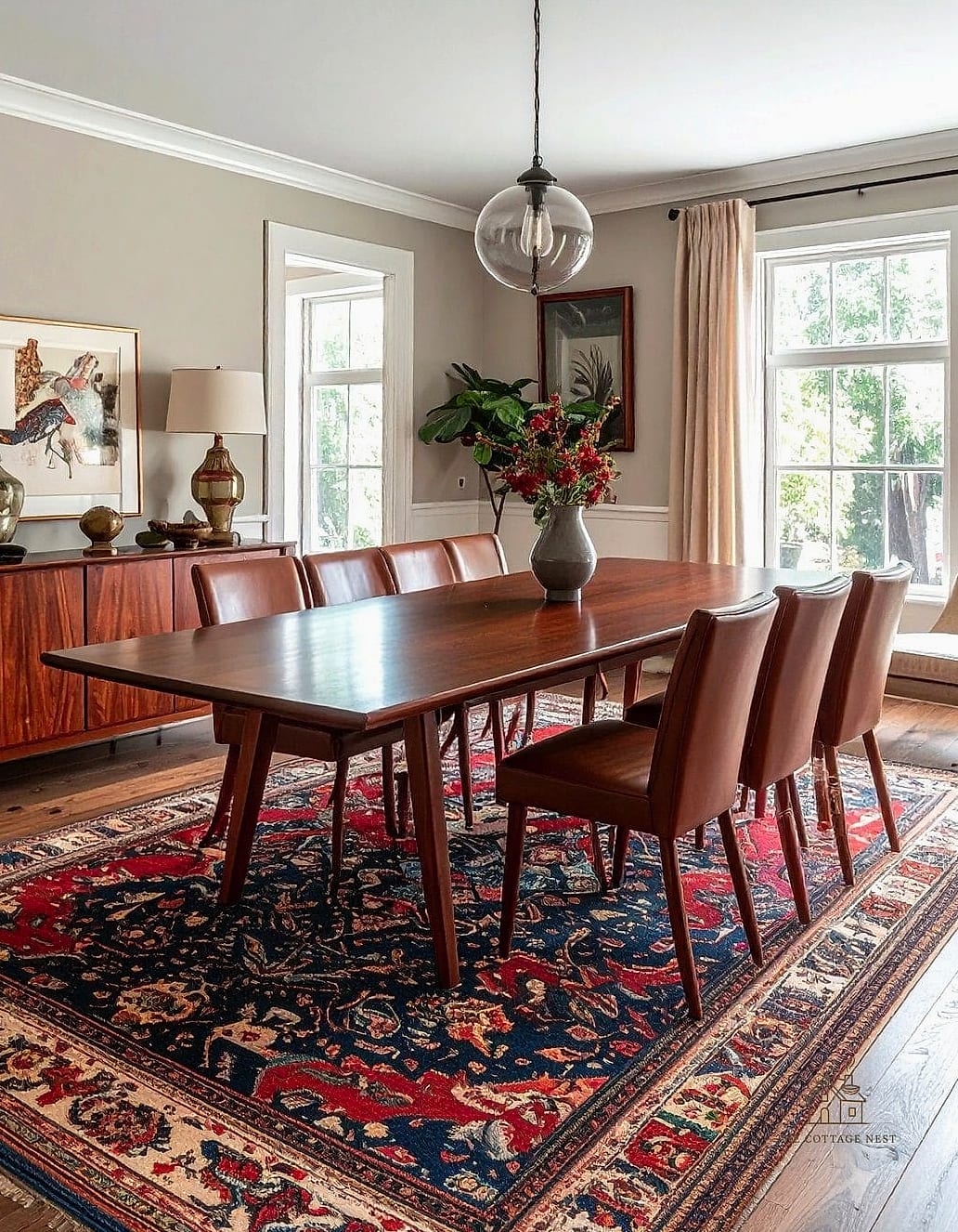30 Clever Eclectic Dining Room Ideas for Every Style 4 Vintage Rug Layered Under a Modern Table