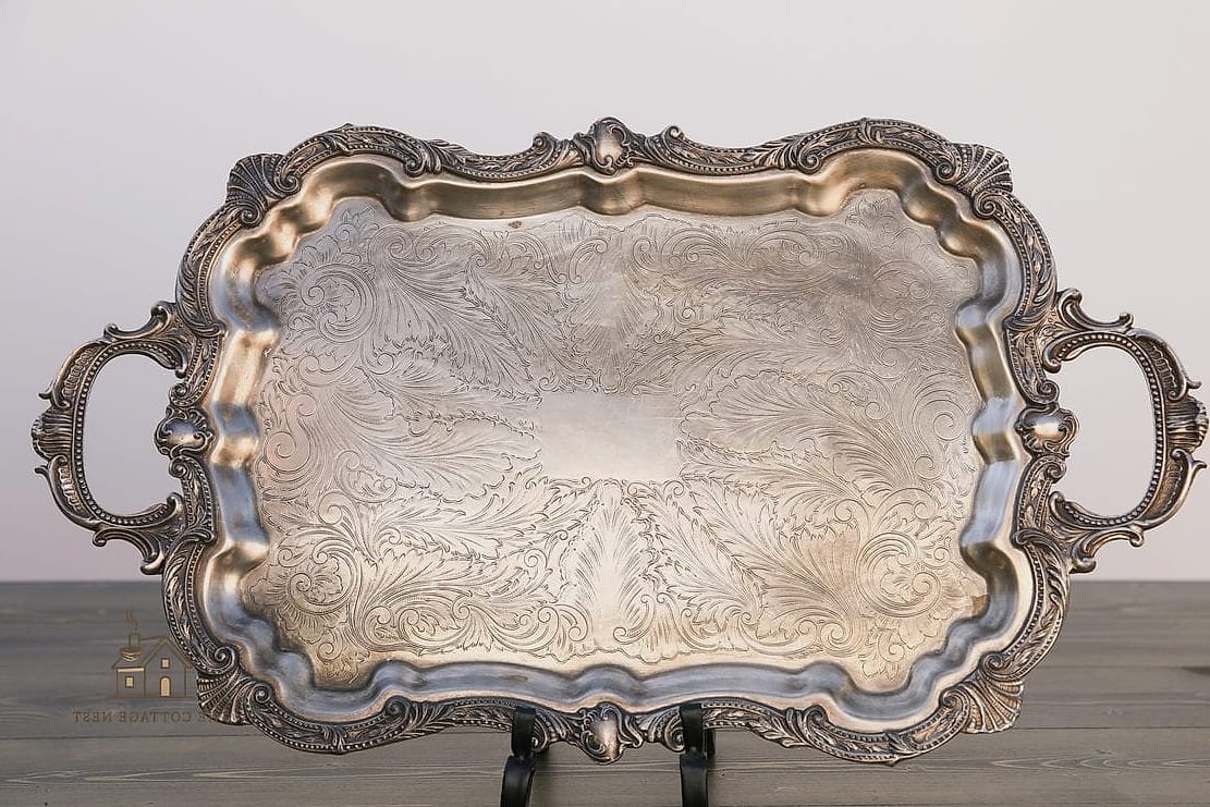30 Dreamy Fall Tray Decorating Ideas to Try This Season 9 Vintage Silver Tray with Brass Details