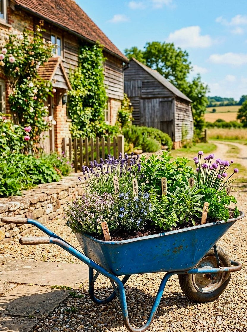 45 Chic Herb Garden Ideas for a Beautiful Home 19 Vintage Wheelbarrow Planter
