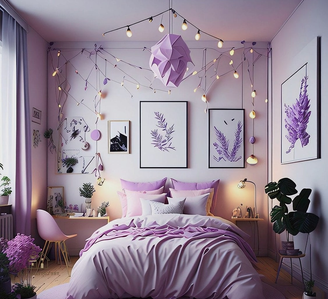 40 Amazing Purple Dorm Room Ideas on a Budget 21 Violet Photo String Display
