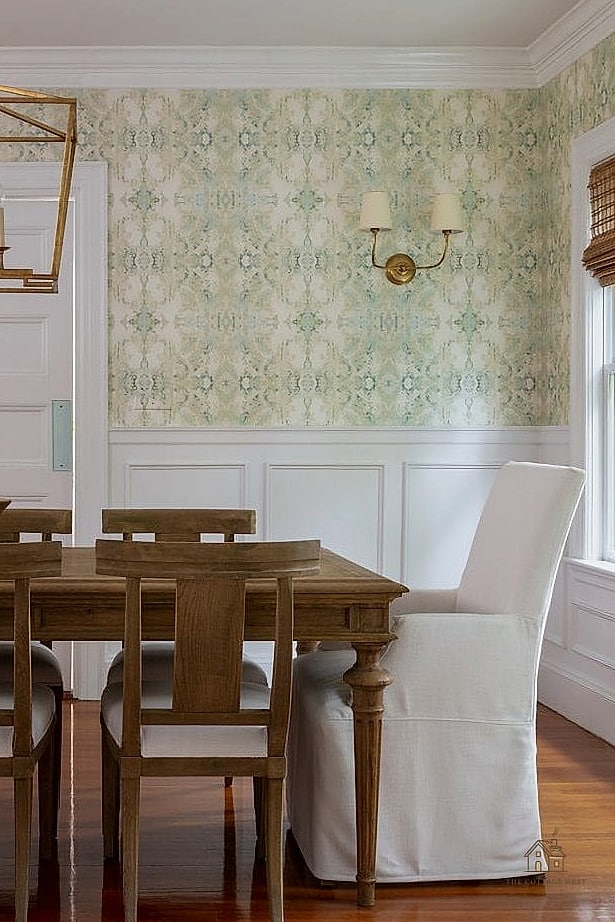 25 Stunning Dining Room Accent Wall Ideas You'll Absolutely Love 24 Wainscoting with Wallpaper Combo