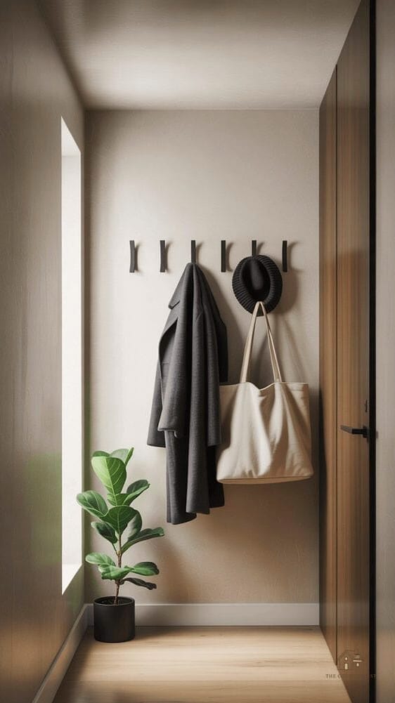 35 Creative Narrow Entryway Ideas That Will Inspire You 3 Wall-Mounted Coat Hooks in a Row