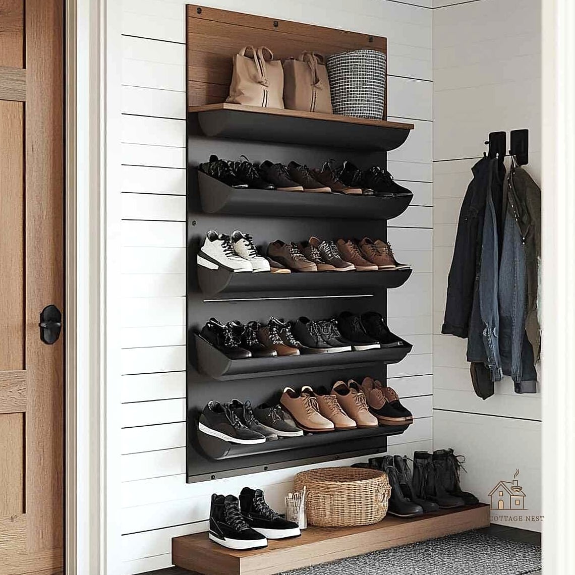 30 Cozy Garage Shoe Storage Ideas Worth Pinning 2 Wall-Mounted Shoe Racks Near the Entry Door
