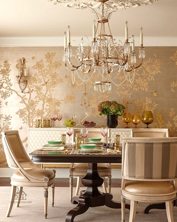 50 Beautiful Dining Room Wallpaper Ideas to Transform Your Space 47 Wallpaper with Metallic Leaf Pattern