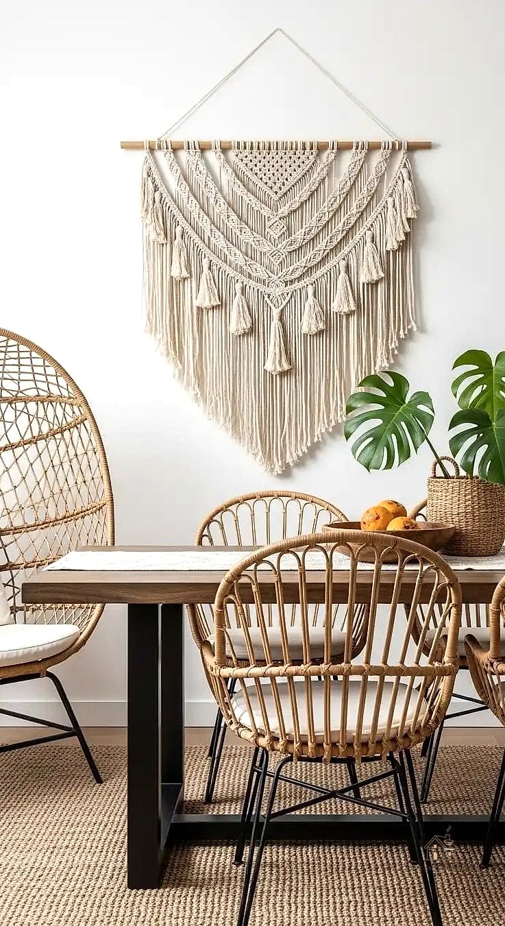 30 Clever Eclectic Dining Room Ideas for Every Style 27 Wall of Woven Plates and Baskets