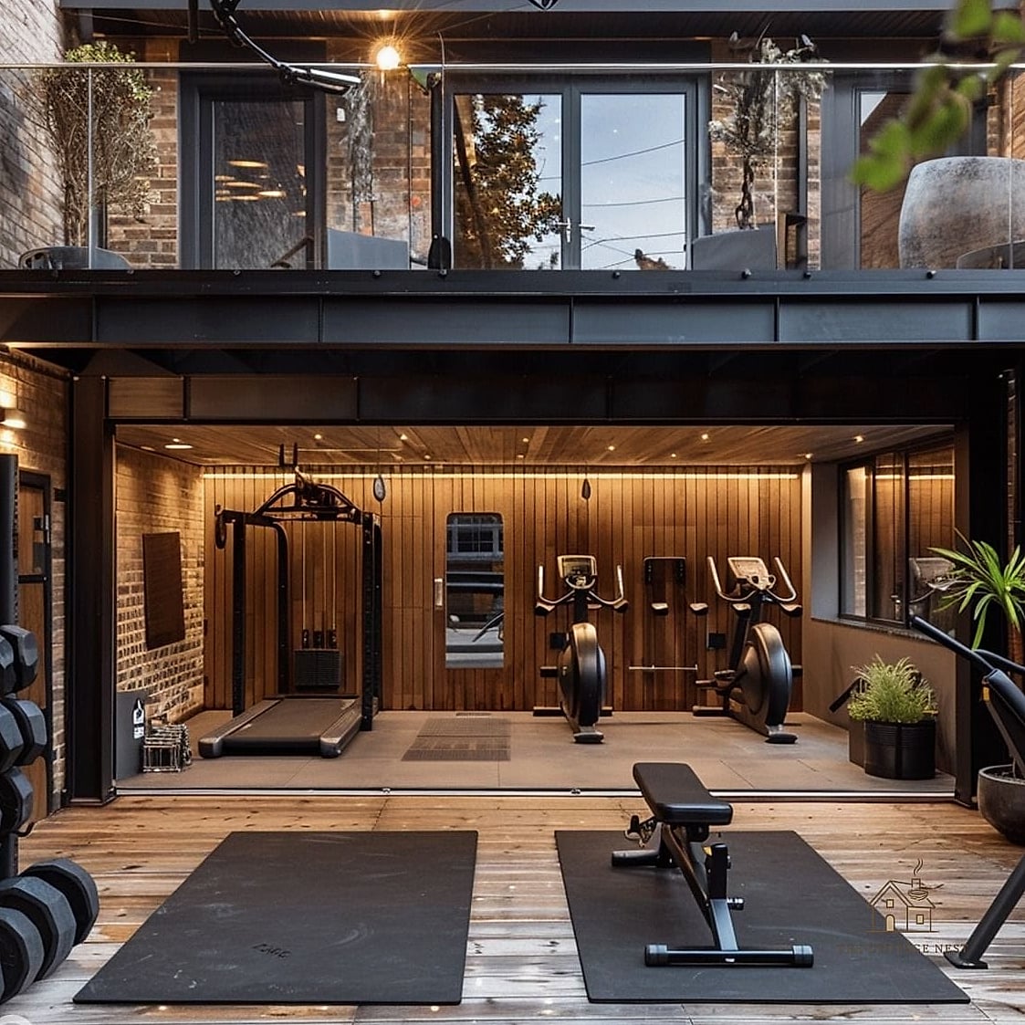 50 Beautiful Garage Gym Ideas to Transform Your Space 9 Warm Wood Accent Ceiling