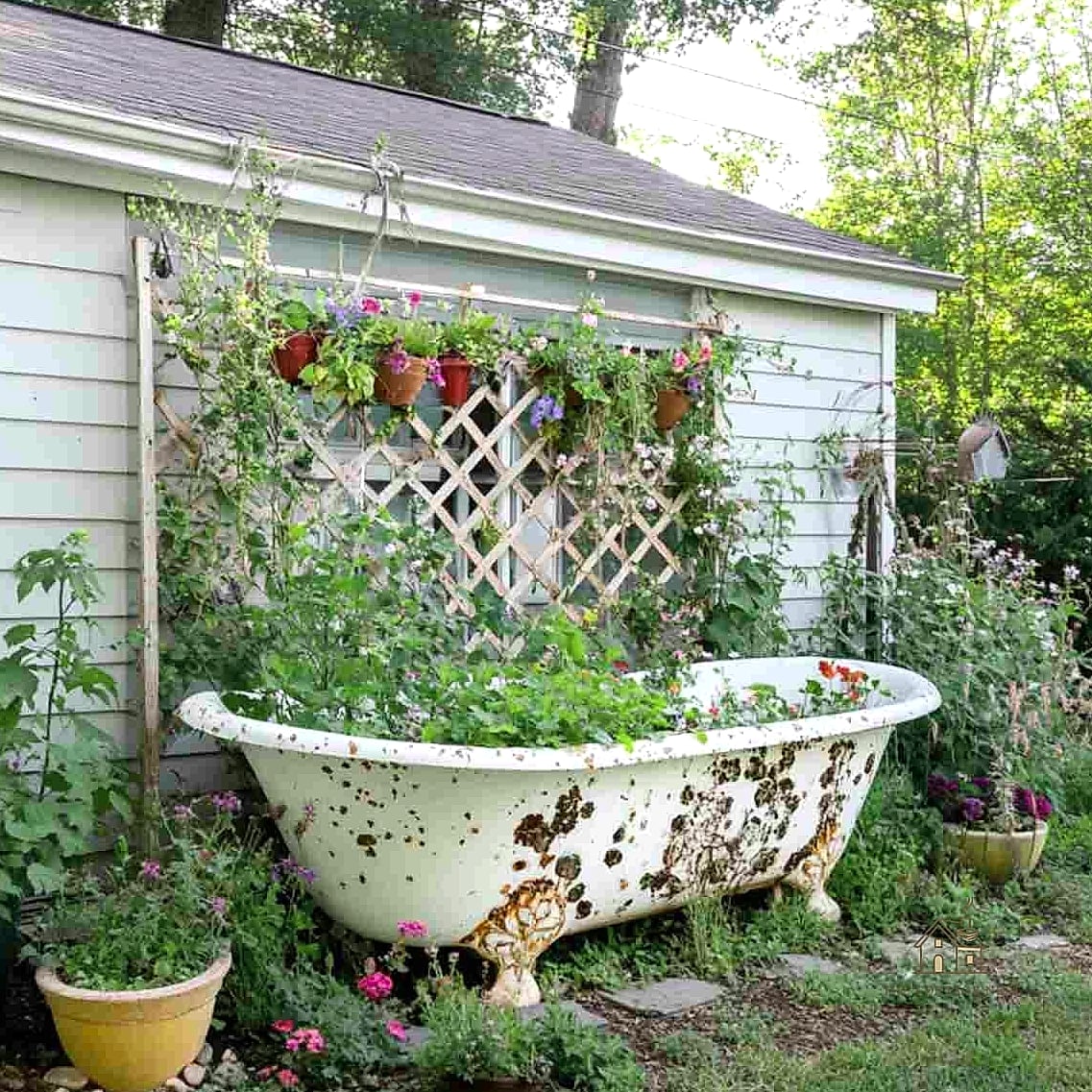 Wash Tub Planter With a Trellis Insert