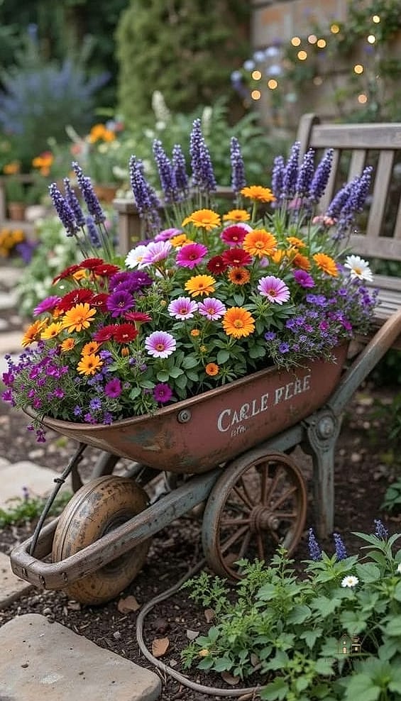 Wheelbarrow Planter with Layered Seasonal Flowers