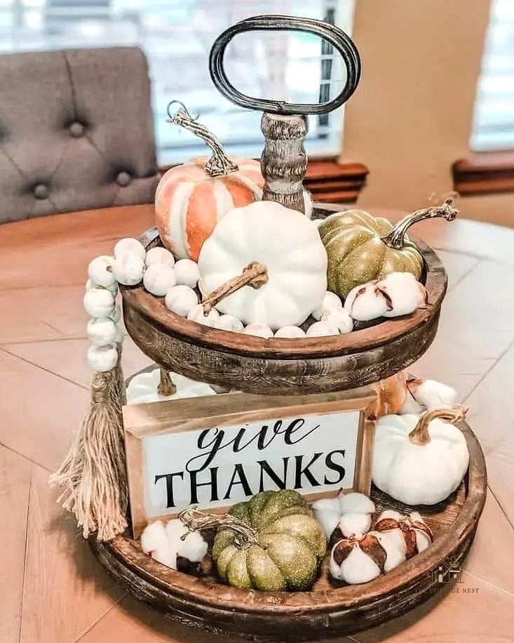 30 Dreamy Fall Tray Decorating Ideas to Try This Season 19 White Pumpkin and Eucalyptus Tray