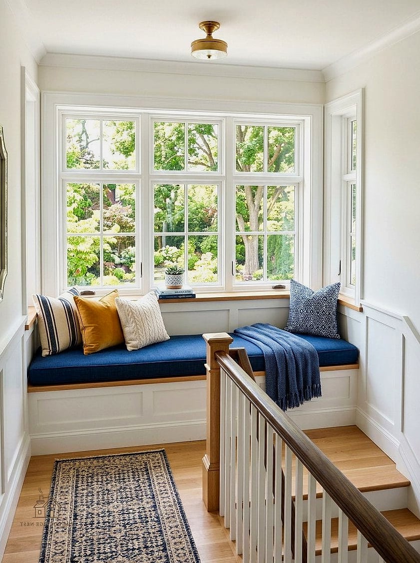 35 Creative Stair Landing Decor Ideas That Will Inspire You 14 Window Seat with Cushions