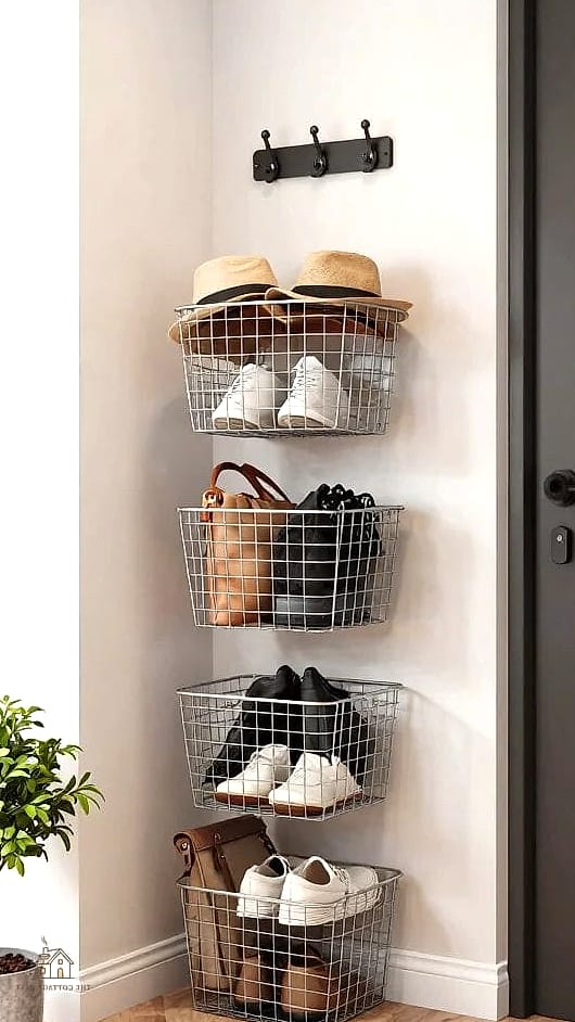35 Chic Shoe Storage Ideas For Small Garages for a Beautiful Home 21 Wire Basket Shoe Bins