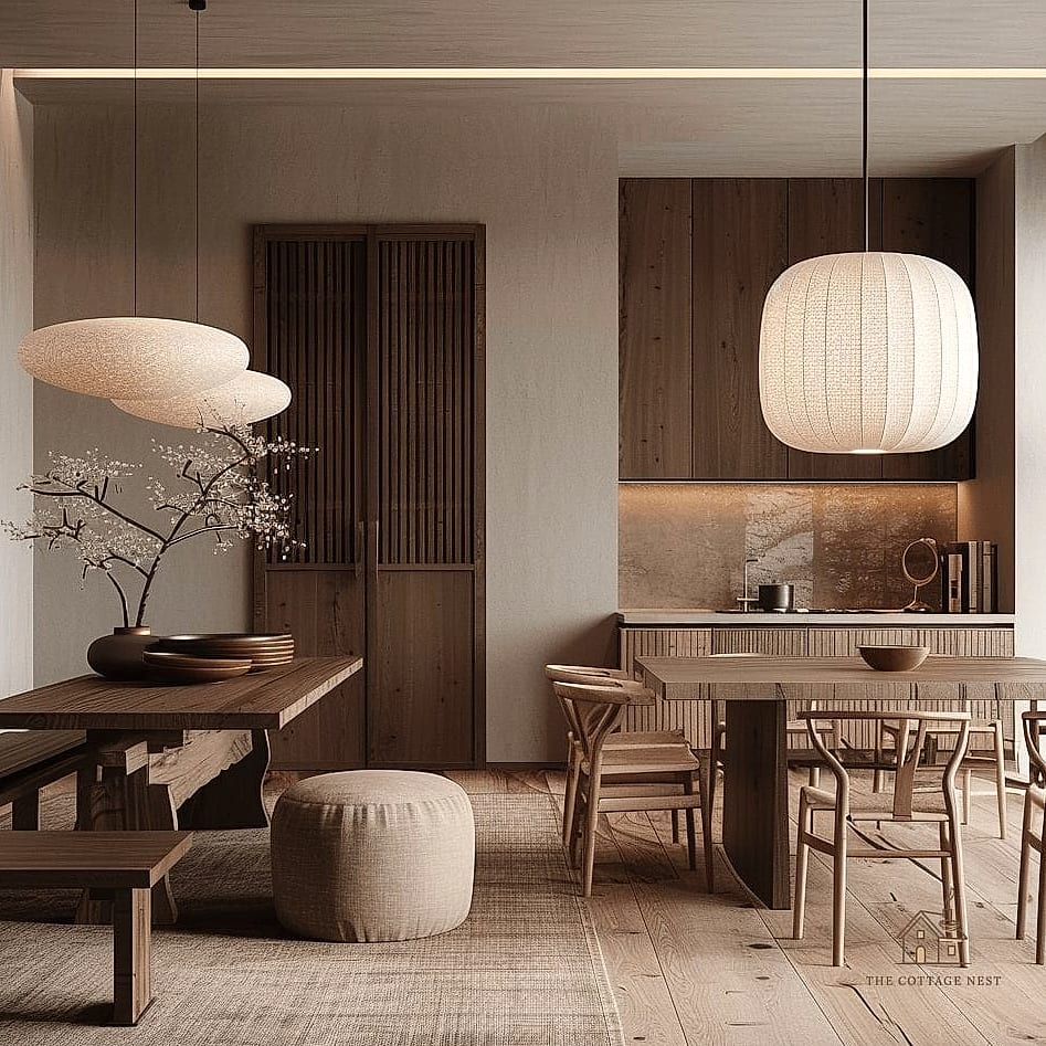 45 Gorgeous Japandi Dining Room Ideas That Are Totally Doable 44 Wood Bead Chandelier