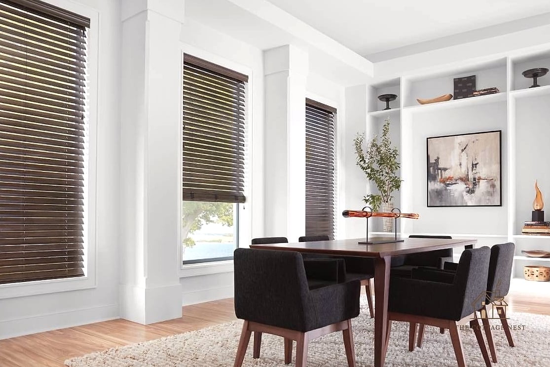 30 Amazing Dining Room Window Treatments on a Budget 23 Wood Blinds with Cloth Tape
