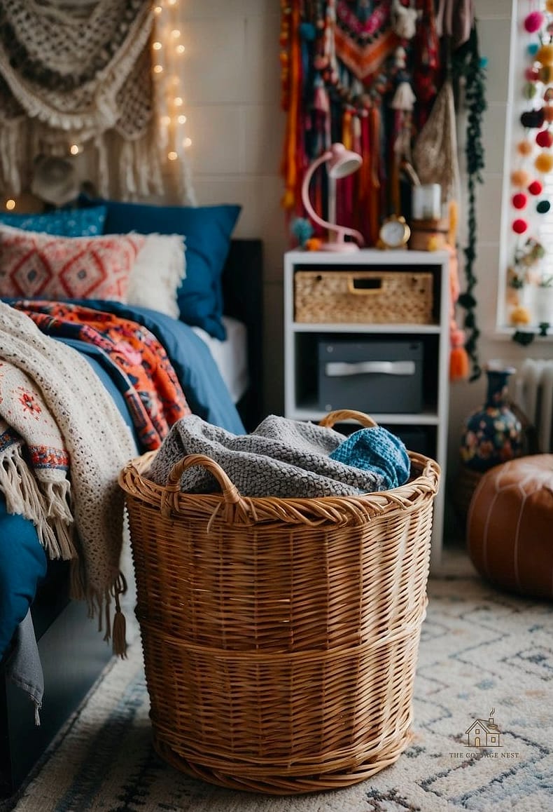 30 Beautiful Boho Dorm Room to Transform Your Space 6 Woven Basket Storage