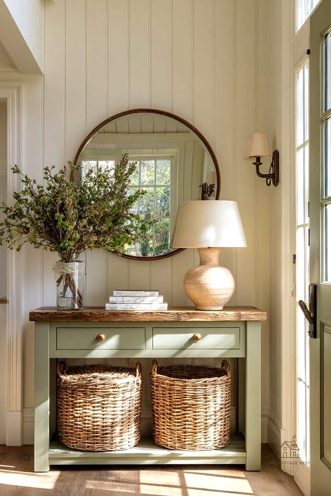 25 Chic Entryway Table Decor Ideas for a Beautiful Home 5 A Woven Basket for Hidden Storage