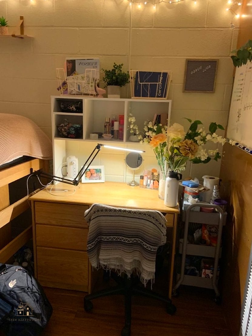 50 Beautiful College Dorm Desk Ideas to Transform Your Space 8 Woven Basket Storage