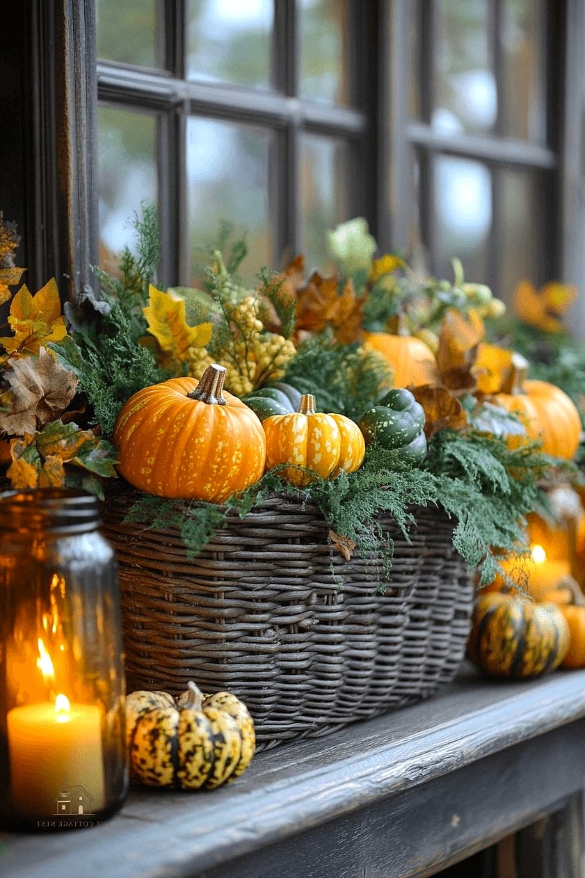 50 Amazing Fall Mantle Decor on a Budget 34 A Woven Basket with Faux Foliage Spilling Out