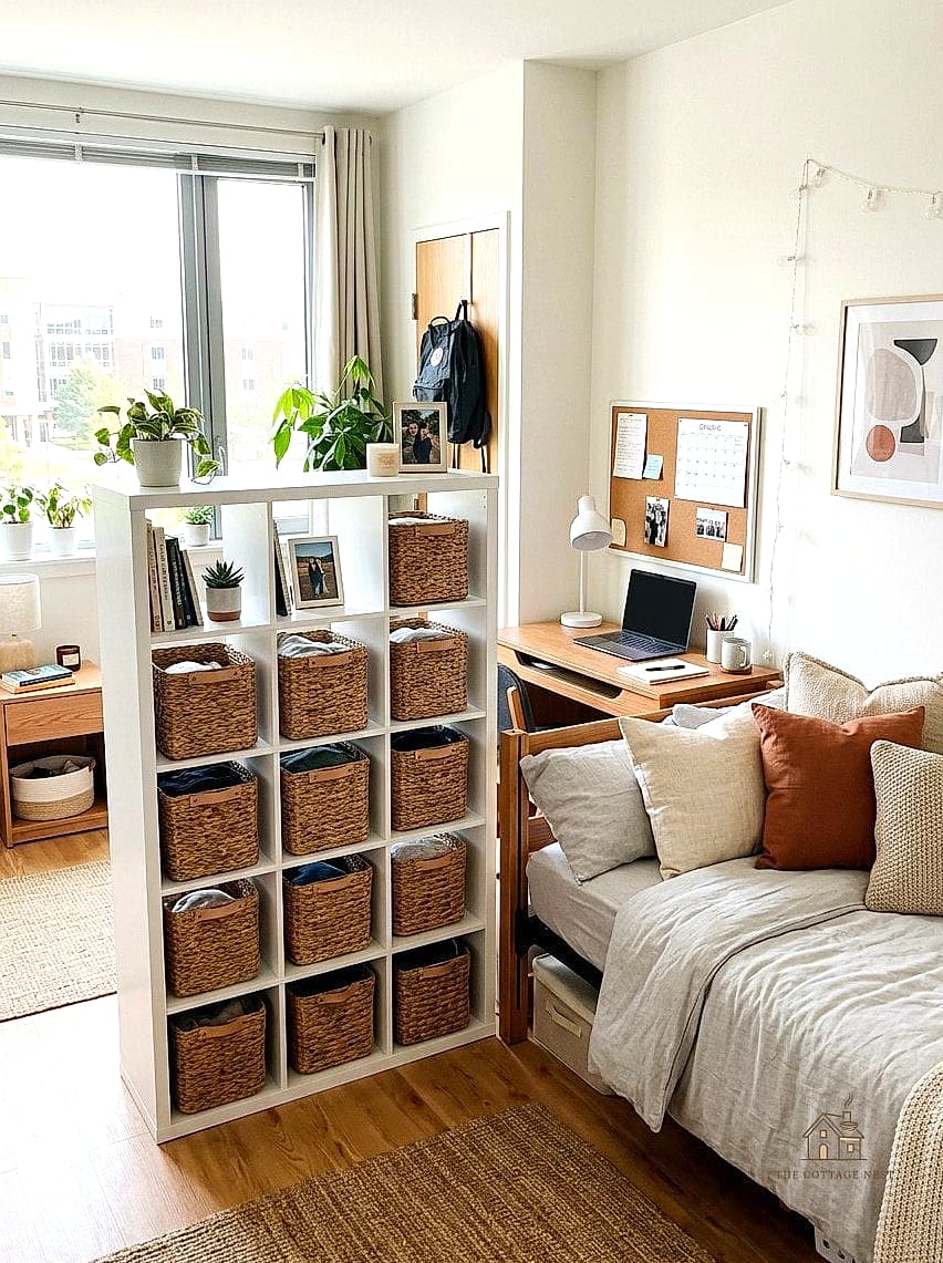 50 Amazing College Dorm Room Ideas on a Budget 17 Woven Baskets for Open Storage