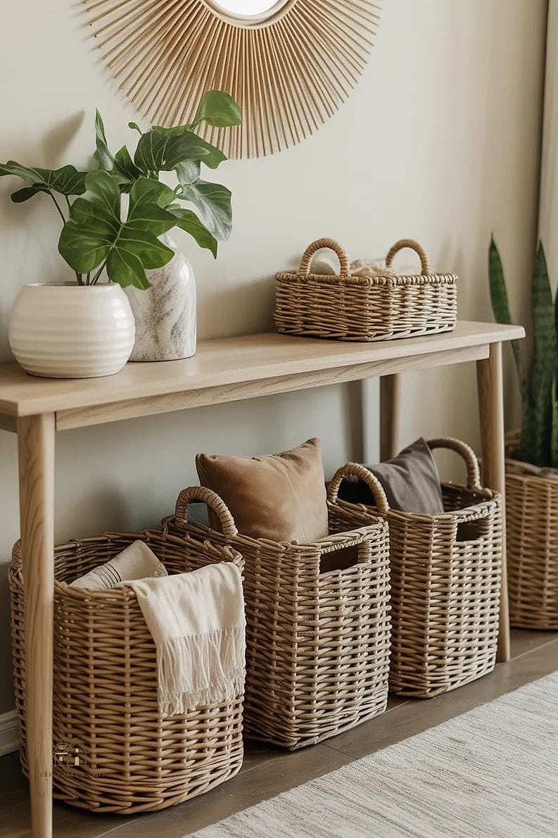 35 Creative Narrow Entryway Ideas That Will Inspire You 24 Woven Baskets on Wall Hooks
