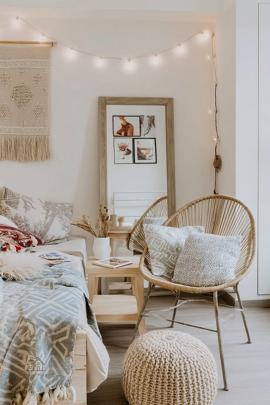 30 Beautiful Boho Dorm Room to Transform Your Space 26 Woven Pouf as a Footrest