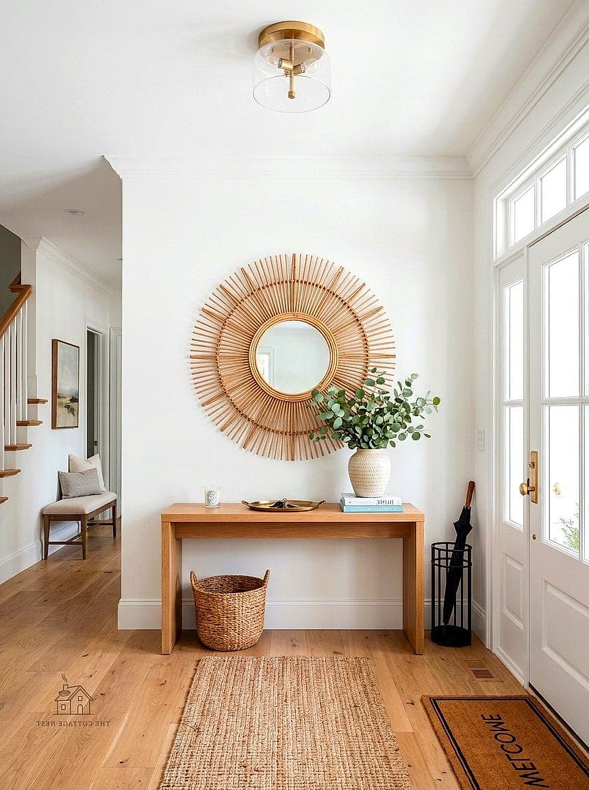 45 Creative Entryway Mirror Ideas That Will Inspire You 11 Woven Rattan Mirror for Texture