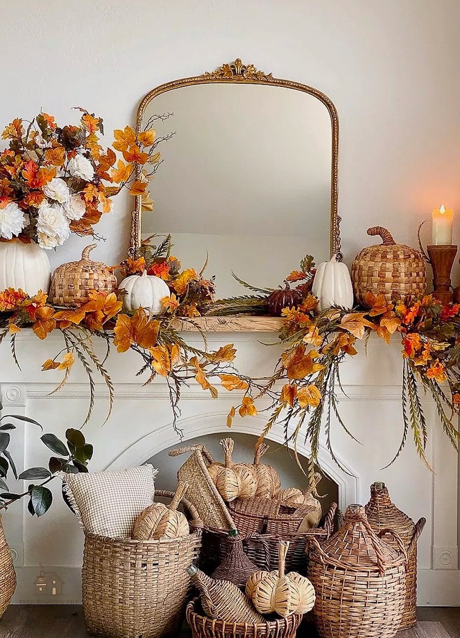 50 Amazing Fall Mantle Decor on a Budget 48 A Woven Table Runner Used as a Mantle Scarf