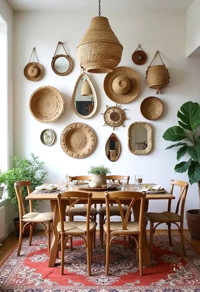 40 Cozy Boho Dining Room Decor Ideas Worth Pinning 25 Woven Wall Baskets as Plate Display